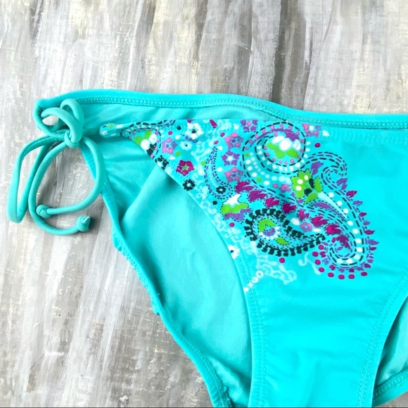 Xhilaration Boho Bikini Bottom Aqua Teal Floral Paisley Side Tie String Bikini L - Picture 3 of 10